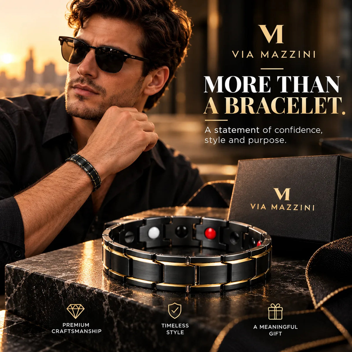 Via Mazzini Black Strand Bracelet For Men